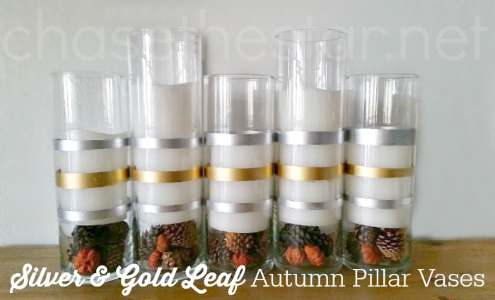 Silver and Gold Leaf Autumn Pillar Vases, an Easy #DIY via Chase the Star #michaelsMakers #falldecor #FallCrafts #goldLeaf #Autumn #candles #craft