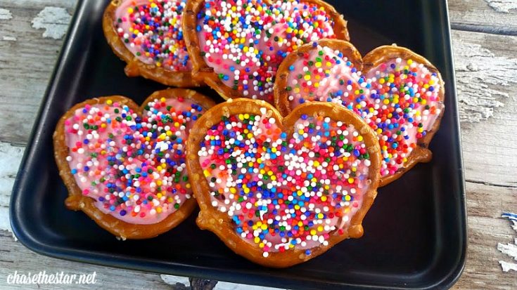 Pretzel Hearts- These fun Valentine's treats are the cutest dessert for Valentine's Day or any time you want to show you care. Easy recipe, add sprinkles or other toppings, adorable!